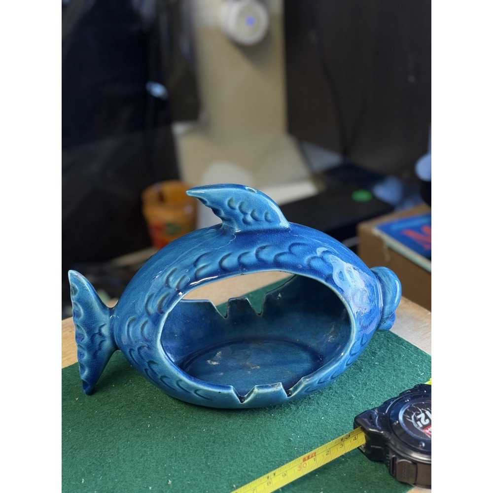Rare Vintage Blue Pottery Fish Hanging Ashtray w/ Chain MCM Mid Century Modern